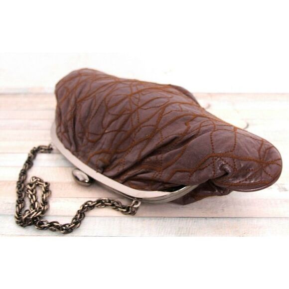 INGE PATCHWORK BROWN GENUINE LEATHER FRAME CHAIN HANDBAG SHOULDER BAG CLUTCH - Picture 8 of 10